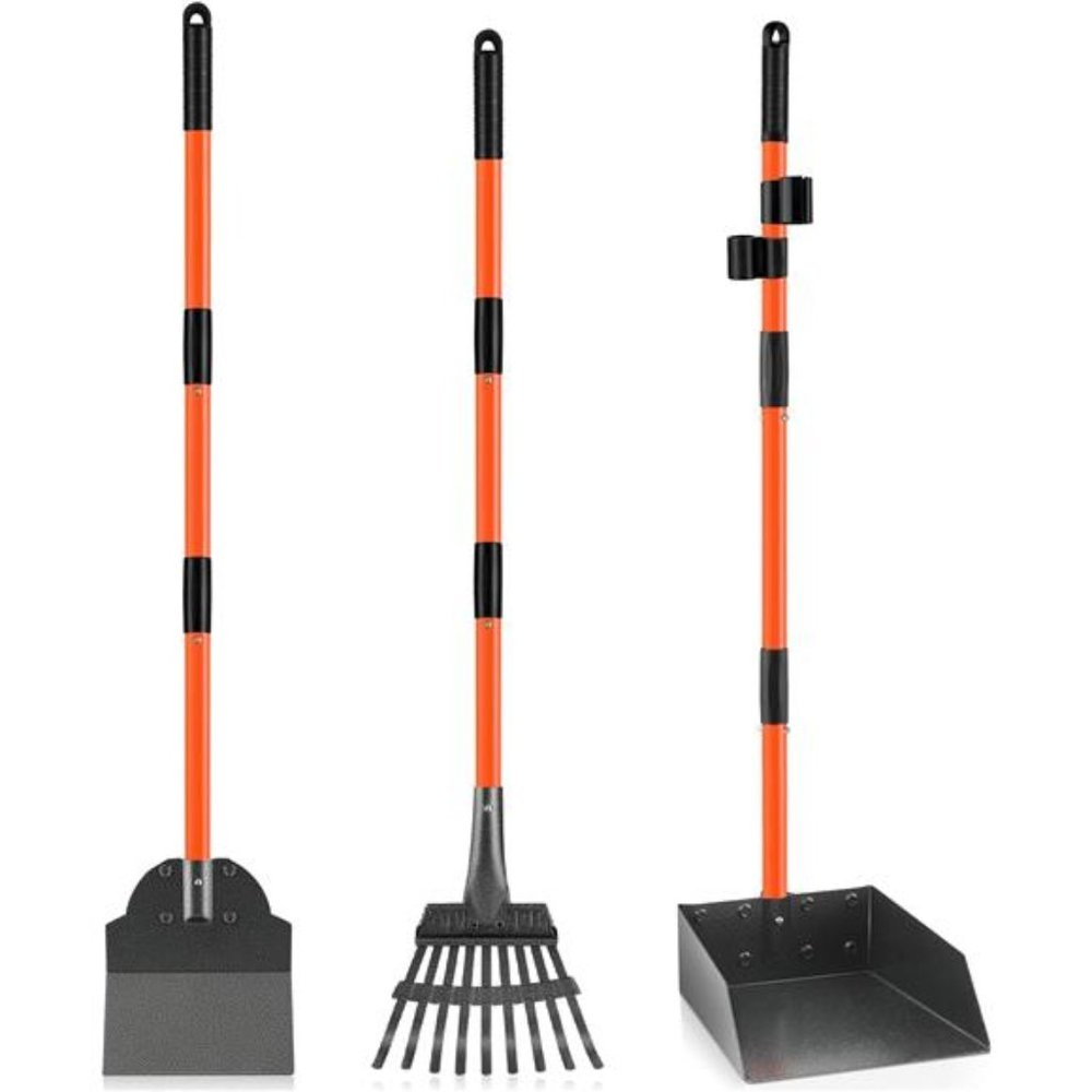 Pooper Scooper, Detachable Long Handle with Heavy Duty Metal Rake, Tray